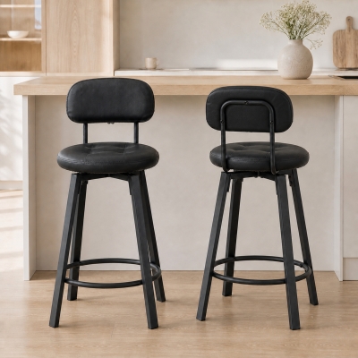 HOMCOM Bar Stools Set of 2, Upholstered Breakfast Bar Chairs with Footrest and Backrest for Kitchen Counter, Black