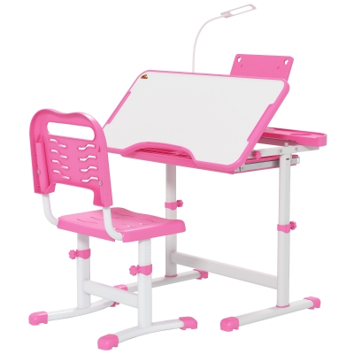 Qaba Kids Table & Chair Set with USB Light, Storage, Pink