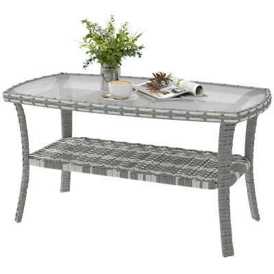 Outsunny Outdoor Coffee Table with Storage Shelf, PE Wicker Patio Table with Glass Top for Garden, Backyard, Dark Grey