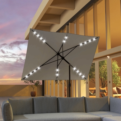 Outsunny 6.5x10ft Patio Umbrella Tilt Aluminum Outdoor Market Parasol with Solar Powered LEDs, Crank - Light Grey
