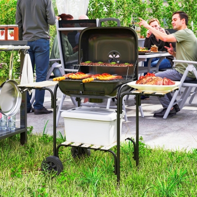 Outsunny Charcoal BBQ Grill, BBQ Grill with 1840 cm² Cooking Area, 3 Shelves, Adjustable Vent, Lockable Lid, Wheels, Black