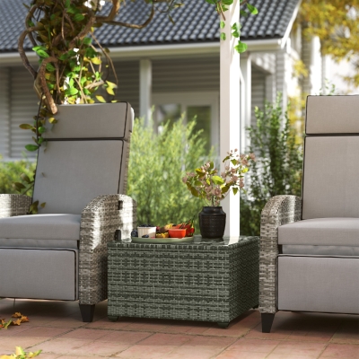 Outsunny 24.4" Patio Wicker Coffee Table, PE Rattan Outdoor Side Table with Tempered Glass Top, Light Grey