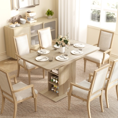 HOMCOM Extendable Dining Table for 4-6 People, 43.3"-51.2" Kitchen Table with 6 Open Shelves, Natural Wood