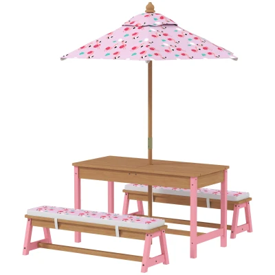 Qaba Kids Picnic Table and Bench Set with Removable Umbrella, Cushions & Boxes, Flamingo Theme for Outdoor, Pink