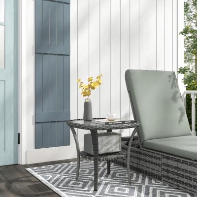 Outsunny Outdoor Coffee Table with Storage Shelf, Hand-Woven Wicker Side Table with Water-Ripple Glass Top, Mix Grey
