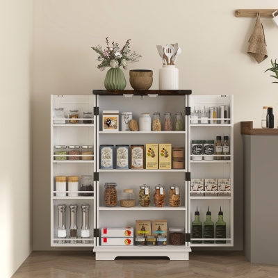 HOMCOM Farmhouse Kitchen Pantry Storage Cabinet, Kitchen Pantry Cabinet with Doors and Adjustable Shelves, White
