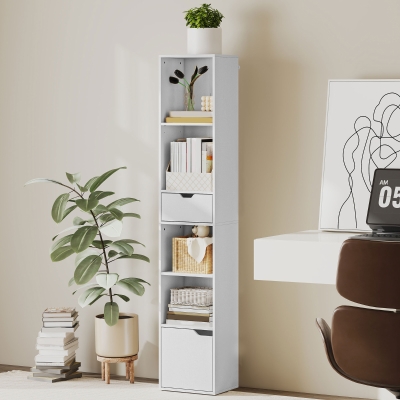 HOMCOM 6-Tier Bookcase, Tall Narrow Bookshelf with Drawer and Door, White