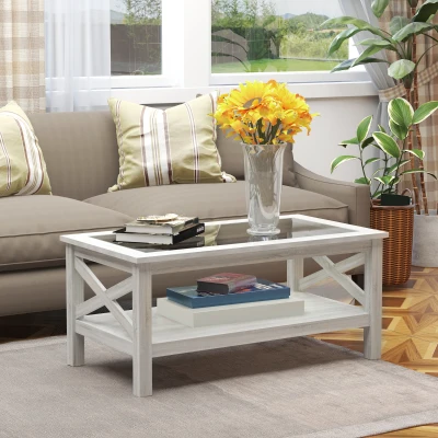 HOMCOM Coffee Table with Glass Top & Storage Shelf, White Oak