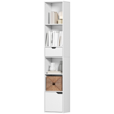 HOMCOM 6-Tier Bookcase, Tall Narrow Bookshelf with Drawer and Door, White