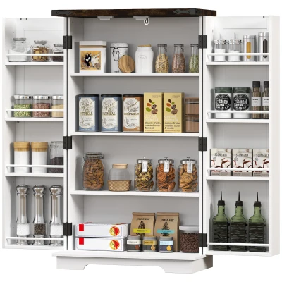 HOMCOM Farmhouse Kitchen Pantry Storage Cabinet, Kitchen Pantry Cabinet with Doors and Adjustable Shelves, White