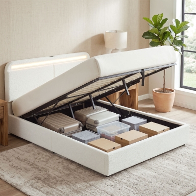 HOMCOM Queen Size Bed Frame with Charging Station, LED Lights, Adjustable Headboard, Upholstered Platform Bed Frame White