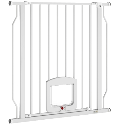 PawHut 29.5-33.5" Adjustable Dog Gate with Cat Door, Easy Install Pressure/Hardware Mounted Pet Gate for Doorways, White