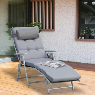 Outsunny Lounge Chair Outdoor, Folding Patio Chaise Lounger, 360 lbs 7-Position Adjustable Back Outdoor Recliner with Cushion, Headrest for Garden, Backyard, Poolside, Grey