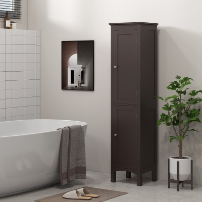 kleankin Tall Bathroom Cabinet, Freestanding Storage Organizer with Adjustable Shelves and Cupboards, 15" x 13" x 63", Dark Brown