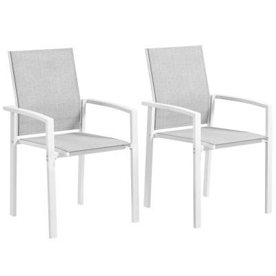 Outsunny Set of 2 Outdoor Garden Chairs, Stackable Patio Dining Chairs with Breathable Fabric, Armrests and Backrest, Light Grey