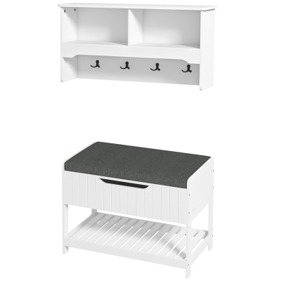 HOMCOM Wall Mounted Coat Rack with Shoe Storage Bench, Hall Tree and Bench, Clothes Hanger Rack with Shelves for Hallway White