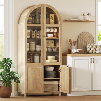 HOMCOM Arched Kitchen Pantry Cabinet, 71" Tall Farmhouse Kitchen Storage Cabinet with Acrylic Glass Doors, Oak