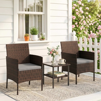 Outsunny Wicker Bistro Set, 3 Piece Patio Furniture Set with 2-Tier Glass Top Table, Cushions for Balcony, Porch, Dark Grey