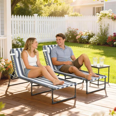 Outsunny 2 Folding Chaise Lounge Chairs, Reclining Mesh Seat, Blue