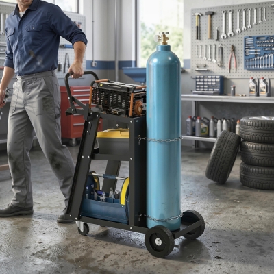 HOMCOM Welding Utility Cart 3-Tier Heavy Duty Rolling Tool Cart with Gas Cylinder Holder Black