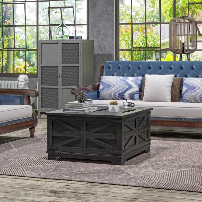 HOMCOM Farmhouse Coffee Table, Square Center Table with Flip-top Lids, Hidden Storage Compartment, Black