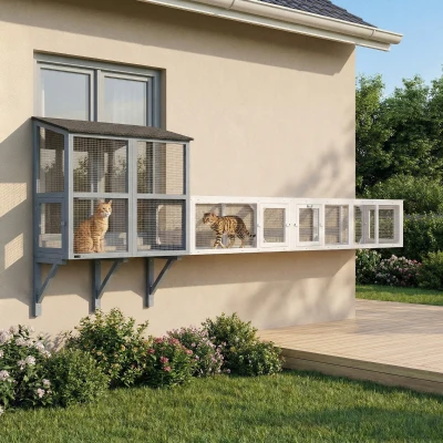 PawHut 98" Wooden Outdoor Cat Tunnel with 8 Doors, White