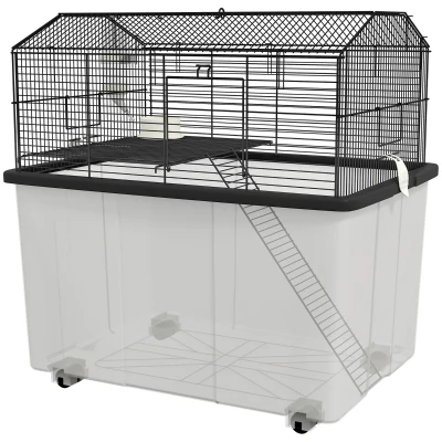PawHut Hamster House Gerbil Habitat for Dwarf Hamster with Wheels, Detachable Bottom - Black