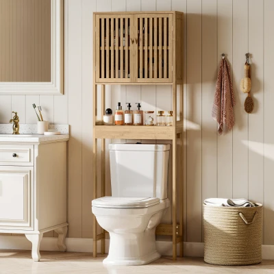 HOMCOM Bamboo Over-Toilet Cabinet with Slatted Doors, Natural
