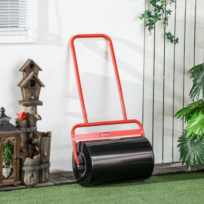 Outsunny Heavy Duty Lawn Roller, 20" Push/Tow Behind Sod Roller, Grass Flattener Filled with 11gal Water/136lbs Sand, Red