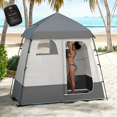 Outsunny Outdoor Portable Pop Up Shower Tent Changing Tent Privacy Enclosure with 2 Rooms, Shower Bag, Floor for Camping, Dark Grey