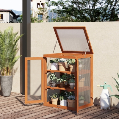 Outsunny Wooden 2 Tier Cold Frame Greenhouse Polycarbonate Plant Grow House Portable Garden, 22.8" x 17.3" x 30.7", Orange