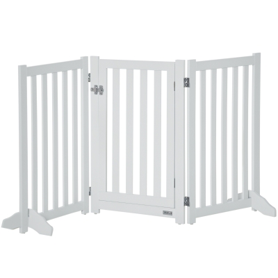 PawHut 31.5"H Foldable Dog Gate with Door, 3 Panels Freestanding Pet Gate Barriers Indoor with Support Feet, Puppy Fence for Small Medium Dogs, White