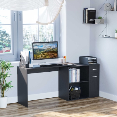 HOMCOM 180° Rotating Home Office Corner Desk Storage Shelf Cabinet Black