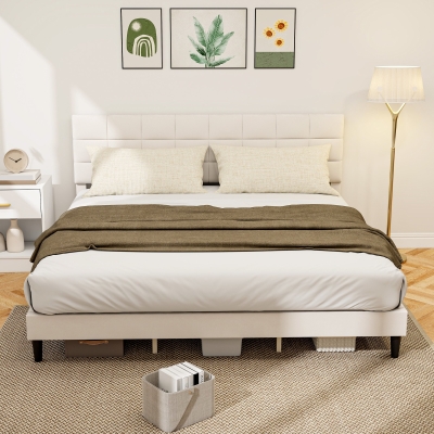 HOMCOM King Size Bed Frame with Upholstered Headboard, Modern Platform Bed Frame with Wood Slats, 1100 lbs Capacity, Cream