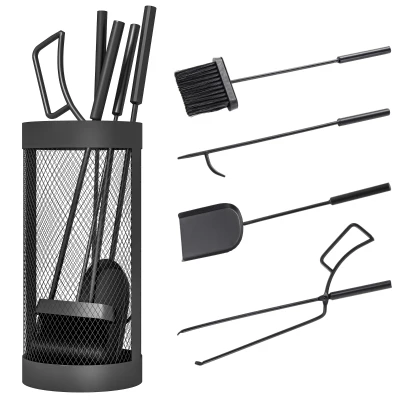 Outsunny Fireplace Tool Set with Mesh Basket, 5 Piece Fire Place Kit with Brush, Shovel, Poker, Tongs for Indoor Outdoor Use