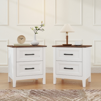 HOMCOM Farmhouse Nightstand Set of 2, Bedside Tables with 2 Drawers, Wood-Effect Top, White