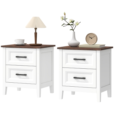 HOMCOM Farmhouse Nightstand Set of 2, Bedside Tables with 2 Drawers, Wood-Effect Top, White