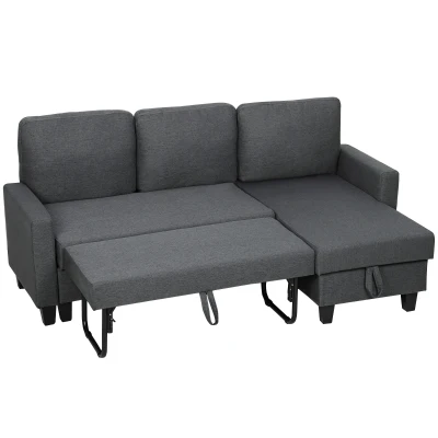 HOMCOM 77.6" Sofa Bed, Pull Out Sleeper L Shaped Sectional Couch, Reversible Storage Chaise, Wide and Deep Seat, Charcoal Grey