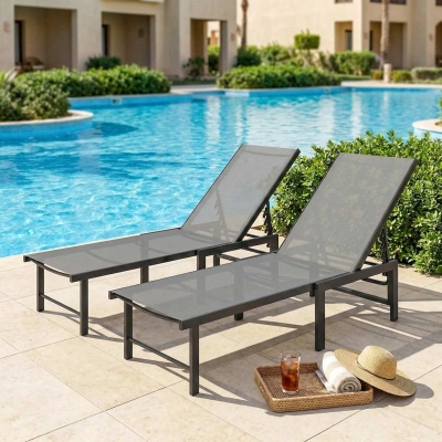 Outsunny Outdoor Lounge Chair Set of 2, 5-Position Reclining Outdoor Chaise Lounge Tanning Chair with Mesh Seat, Grey