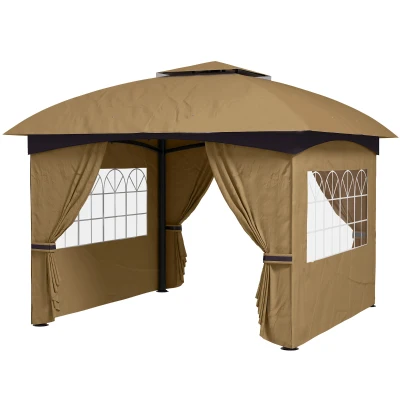 Outsunny 11' x 11' Outdoor Gazebo, Double Roof Patio Gazebo Canopy with Curtains, Church Windows, Galvanised Steel Frame, Beige