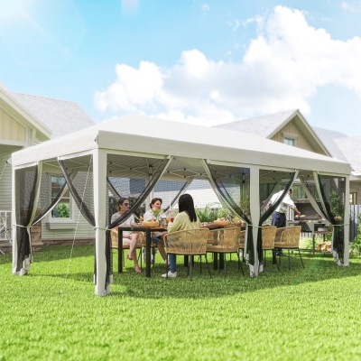 Outsunny 10' x 20' Pop Up Canopy Tent Gazebo with Removable Mesh Sidewall Netting, Carry Bag for Backyard Patio Outdoor, White