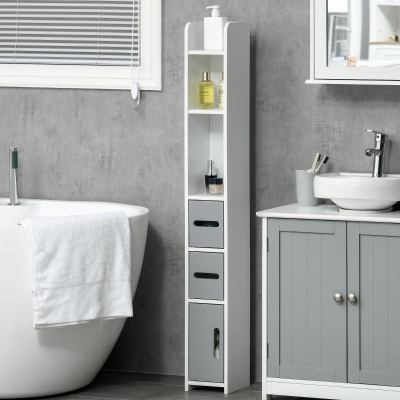 kleankin Freestanding Tall Bathroom Cabinet, Narrow Bathroom Storage Cabinet with Shelves and Cupboards, Grey and White