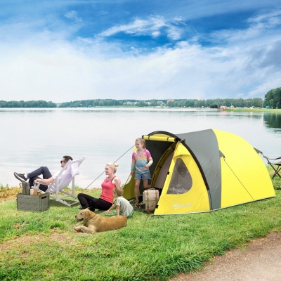 Outsunny 2-3 Person Camping Tent, Easy Set Up Dome Tent with Porch, Family Tent with Bedroom and Sewn-in Groundsheet, Yellow