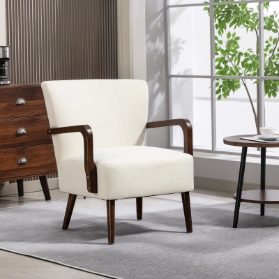 HOMCOM Accent Chair with Wooden Legs, Linen Fabric Armchair with Thick Padding, Comfy Chair for Living Room, Cream White