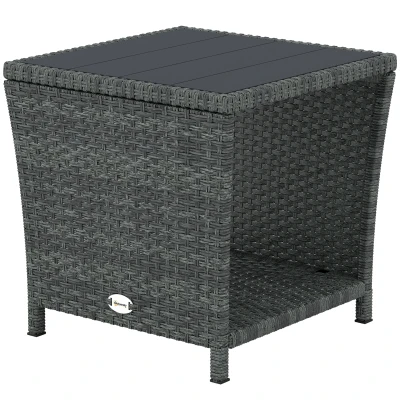 Outsunny 17.7" Wicker Side Table with Storage Shelf, Square PE Rattan Outdoor End Table with PS Wood Slat Top, Grey