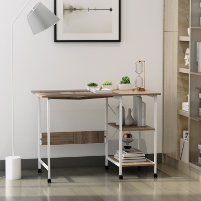 HOMCOM Folding Computer Desk with Storage Shelves, Study Writing Table Laptop Desk with 6 Wheels for Bedroom Home Office Workstation, Natural