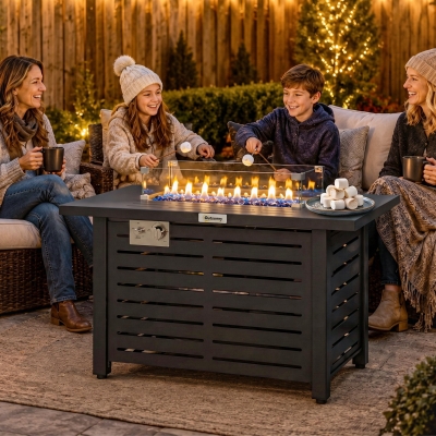 Outsunny Propane Gas Fire Pit Table, Outdoor Firepit with 43" Steel Tabletop and Lid, 50,000 BTU Pulse Ignition Fire Table w/ Stainless Steel Burner, Glass Wind Guard, and Cover