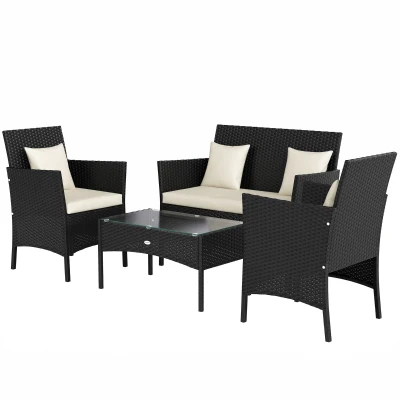 Outsunny 4-Piece Rattan Outdoor Furniture Set Patio Furniture Set with Coffee Table 22.8" W x 21.7" D x 33.5" H Black & Cream