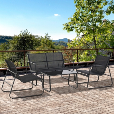 Outsunny 4 Piece Patio Furniture Set, Outdoor Conversation Set with Loveseat Sofa, Armchairs, Glass Top Coffee Table, Black