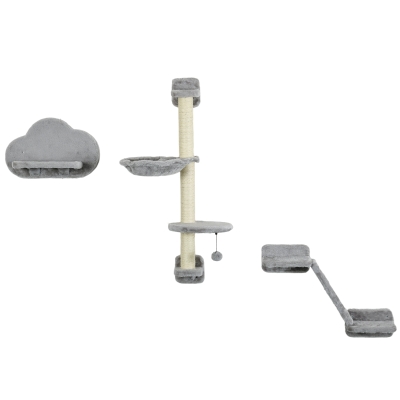 PawHut 3PCs Cat Shelves with Hammock, Scratching Posts, Platforms, Grey